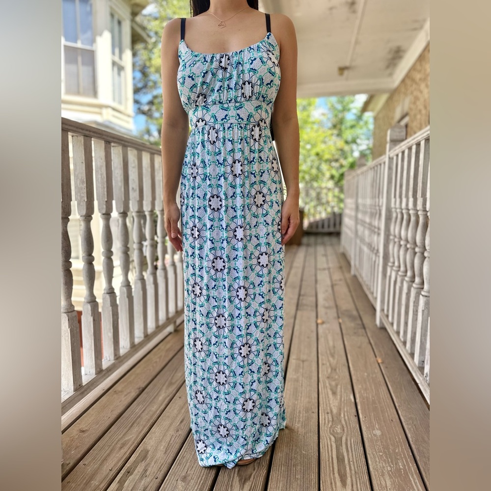 White Floral Maxi Dress with Straps and Green/Blue Accents Sz Small New